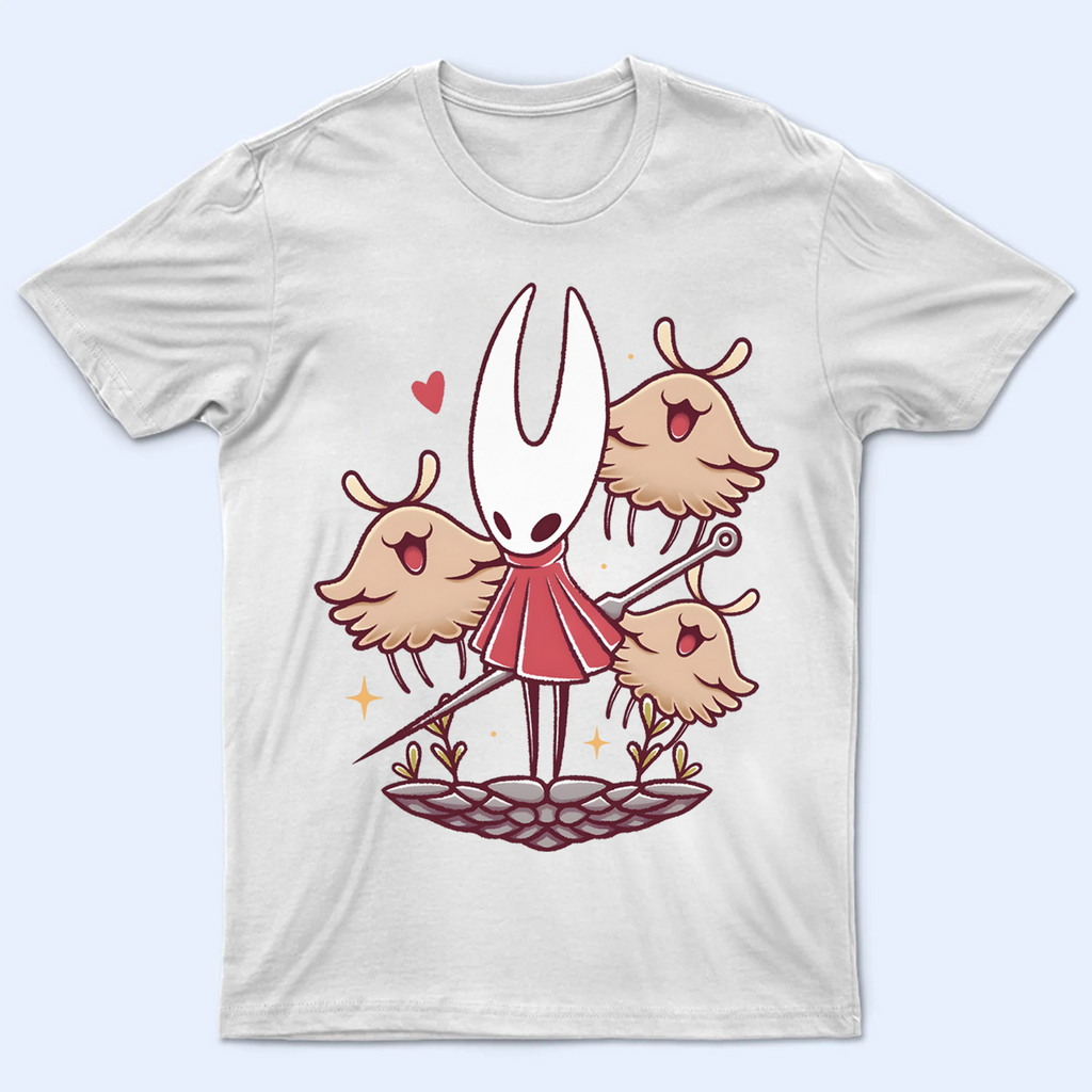 Front view of the Hornet shirt featuring the Princess-Protector and the Fleas, a unique Silksong Tee design.