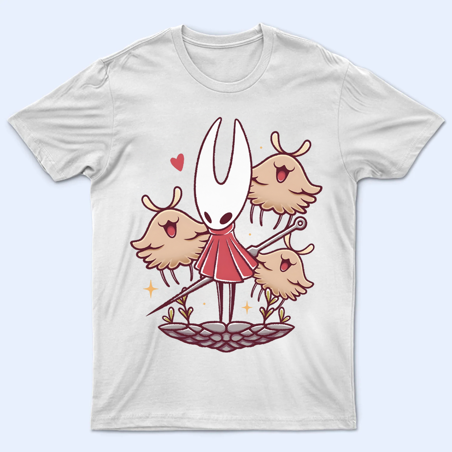 Front view of the Hornet shirt featuring the Princess-Protector and the Fleas, a unique Silksong Tee design.