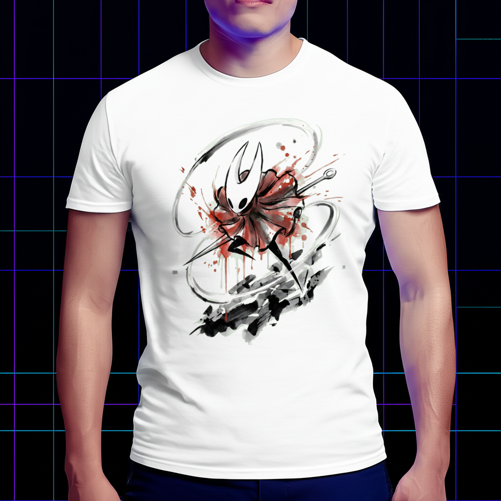 A fan wearing the Hornet action shirt while holding a controller, emphasizing the Silksong merch aesthetic.
