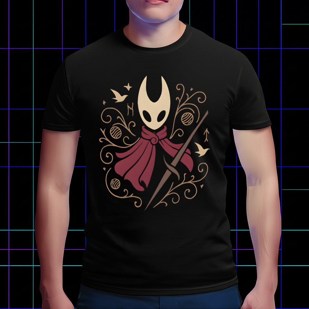 A fan wearing the Hornet shirt in a gaming-themed room, showcasing the Silksong merch lifestyle.