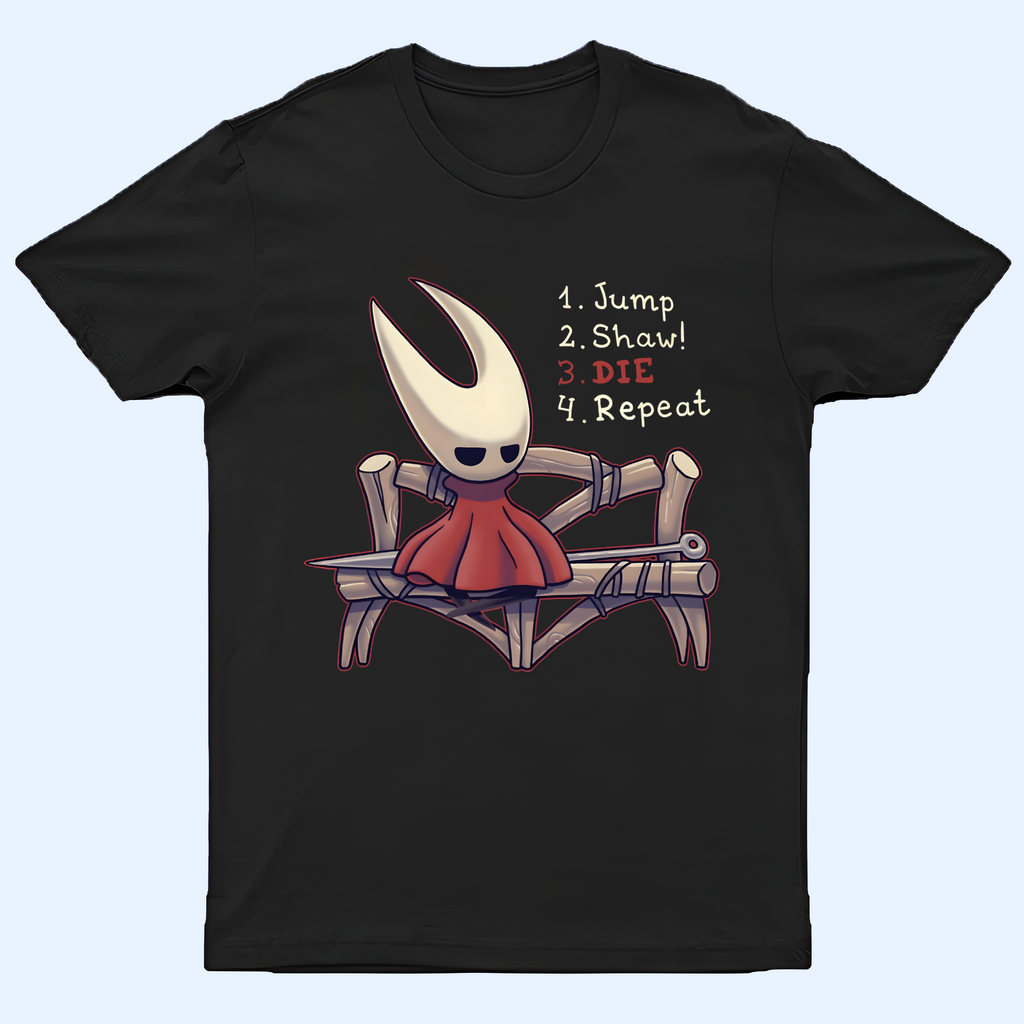 Front view of the Hornet shirt featuring the character and the text 'Jump-Shaw-Repeat', a dynamic Silksong Tee.