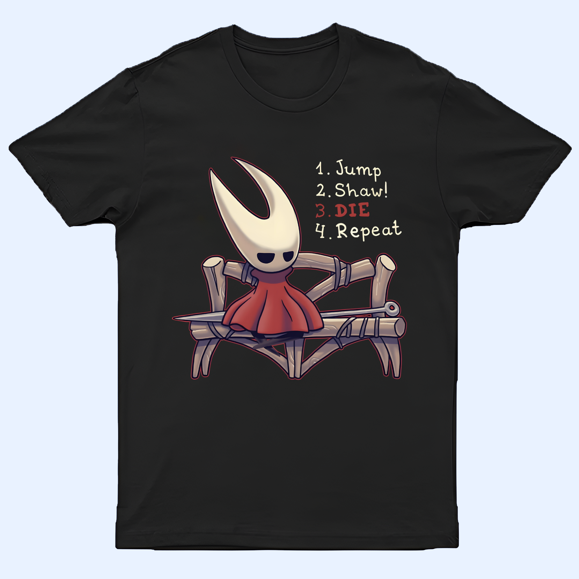 Front view of the Hornet shirt featuring the character and the text 'Jump-Shaw-Repeat', a dynamic Silksong Tee.