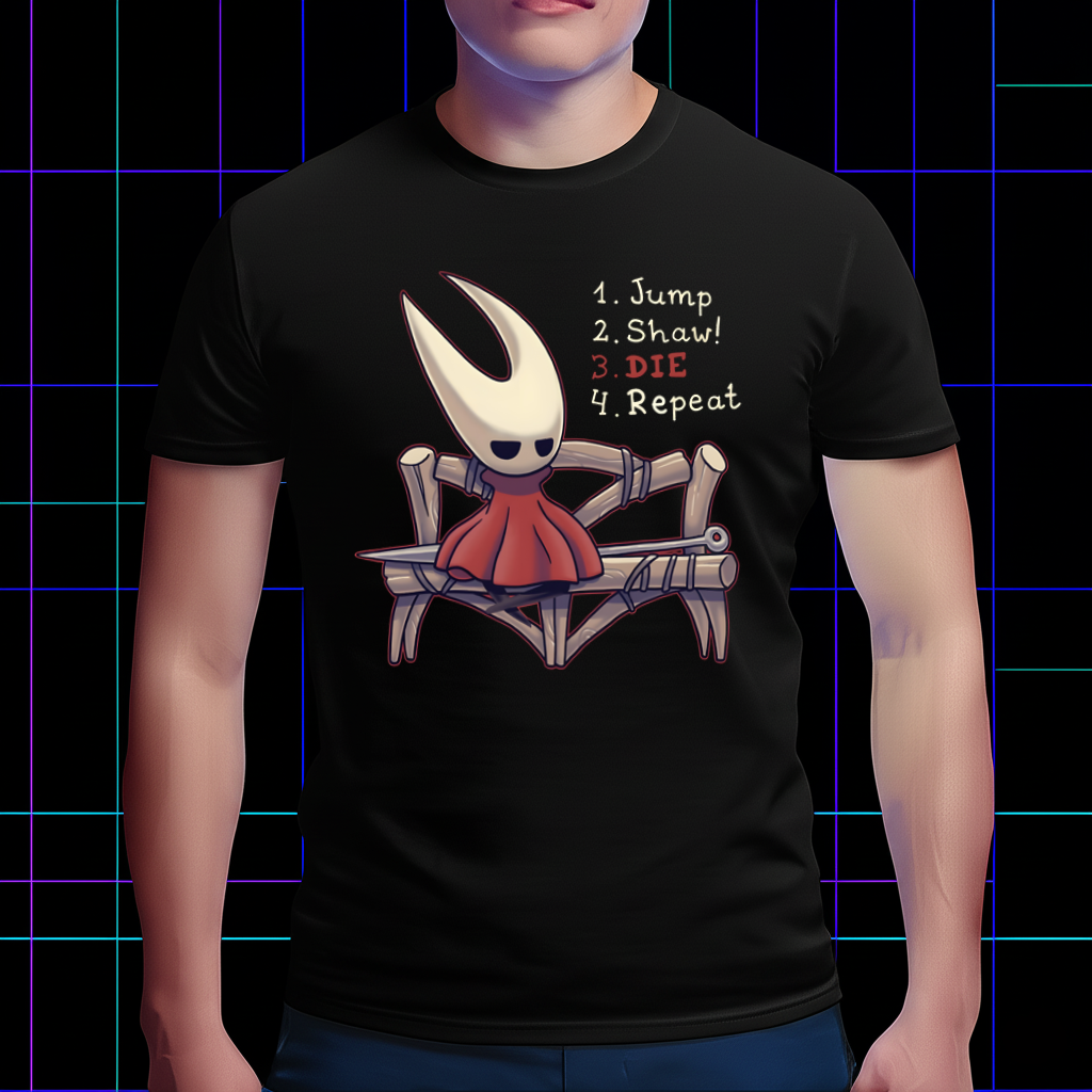 Model wearing the Hornet shirt showing the comfortable fit and the 'Jump-Shaw-Repeat' text.