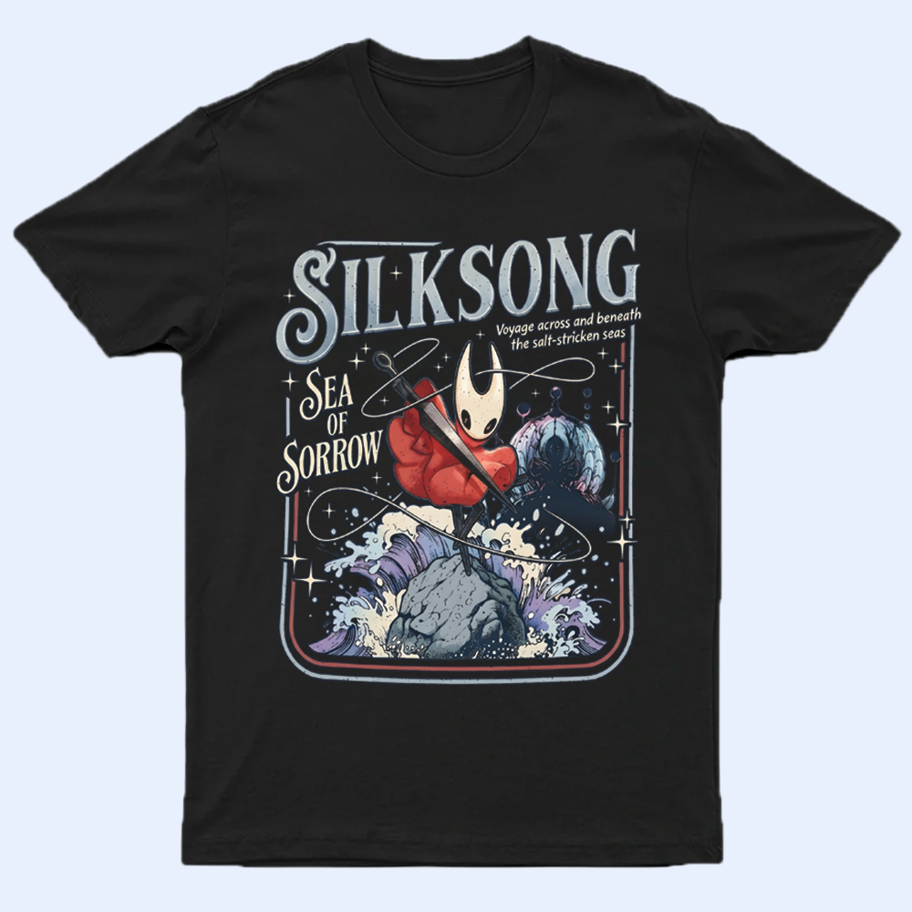Front view of the Hornet shirt featuring the 'Sea of Sorrow' pose silhouette, premium Silksong merch.