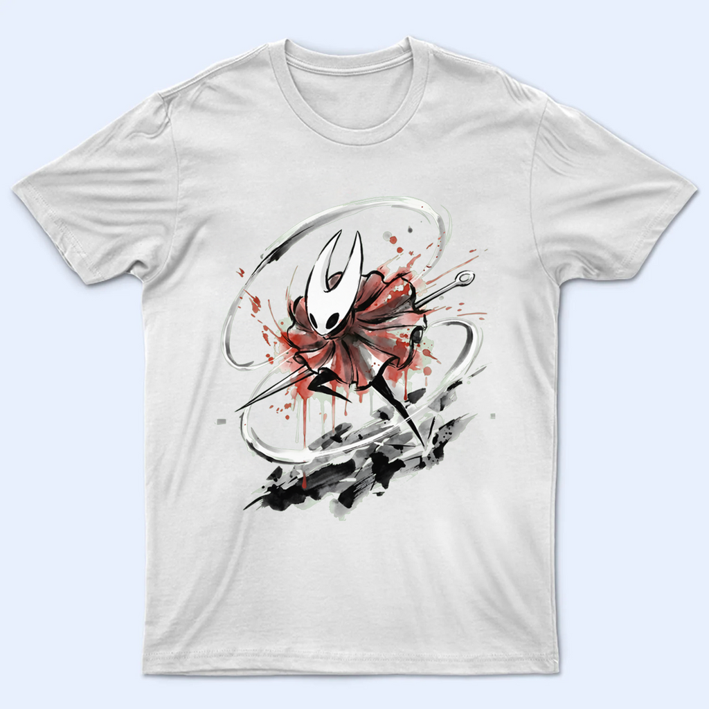 Front view of a Hornet shirt featuring a dynamic Silk and Song action pose, premium Silksong merch.