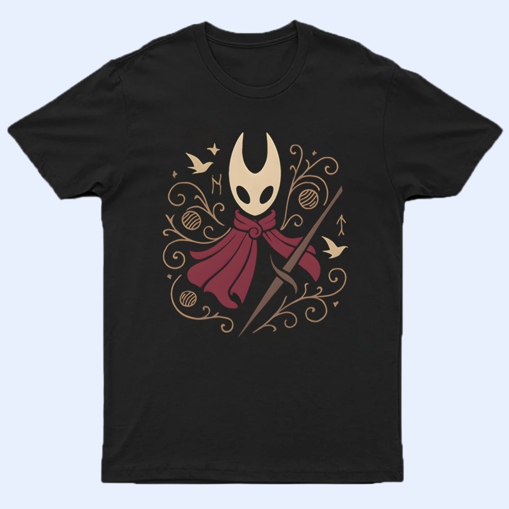 Front view of a premium Hornet shirt featuring a needle-wielding combat graphic, Silksong merch.