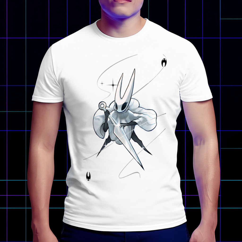 Person wearing a white t-shirt with a black and gray graphic of Hornet Silksong design on a dark background