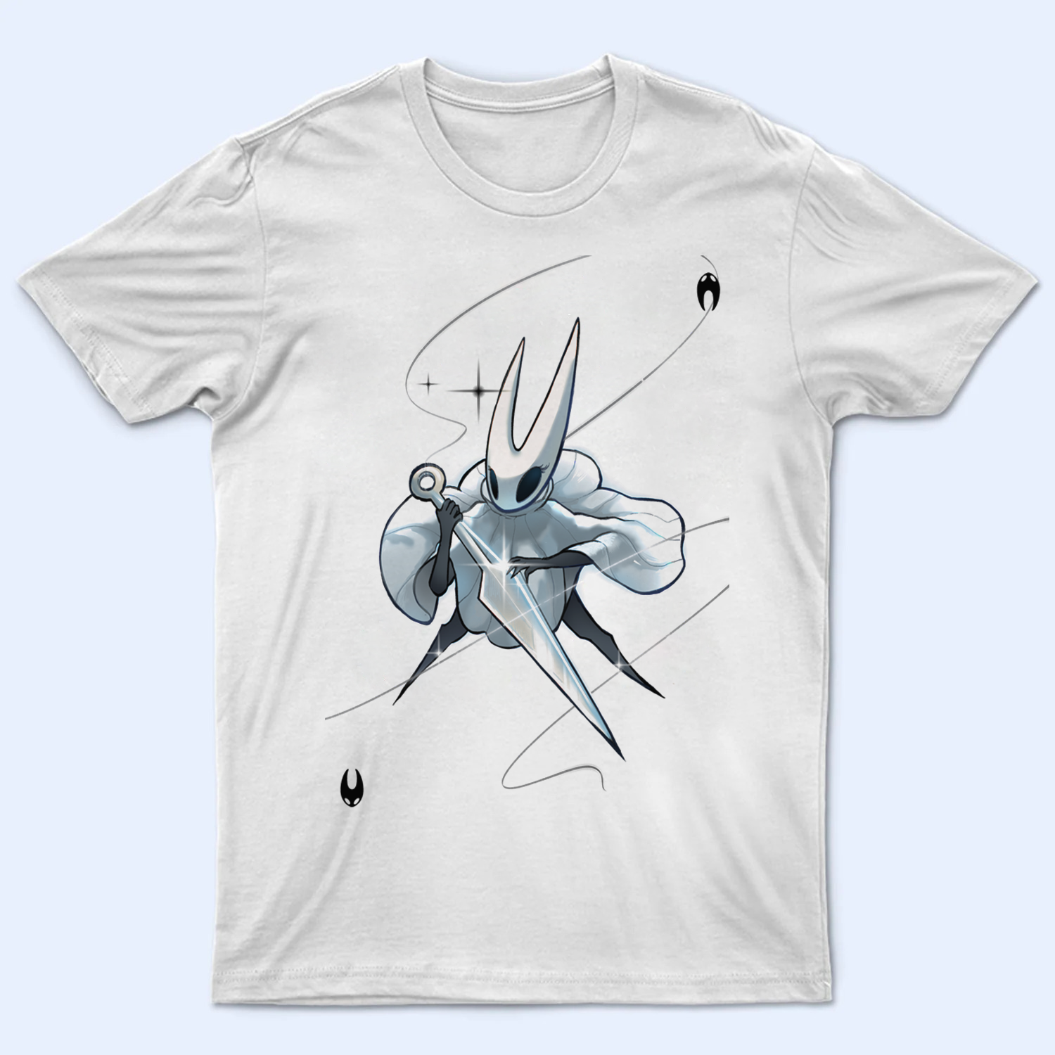 White t-shirt with a black and gray graphic of Silksong Hornet design on a light blue background