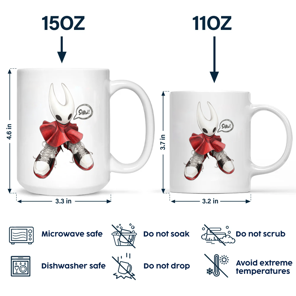 Side-by-side comparison displaying 11oz and 15oz sizes of the Hornet shoes meme mug on a wooden tabletop.