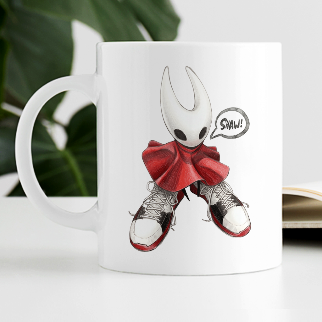 Front view of the ceramic Hornet shoes meme mug featuring Hornet wearing stylish streetwear kicks