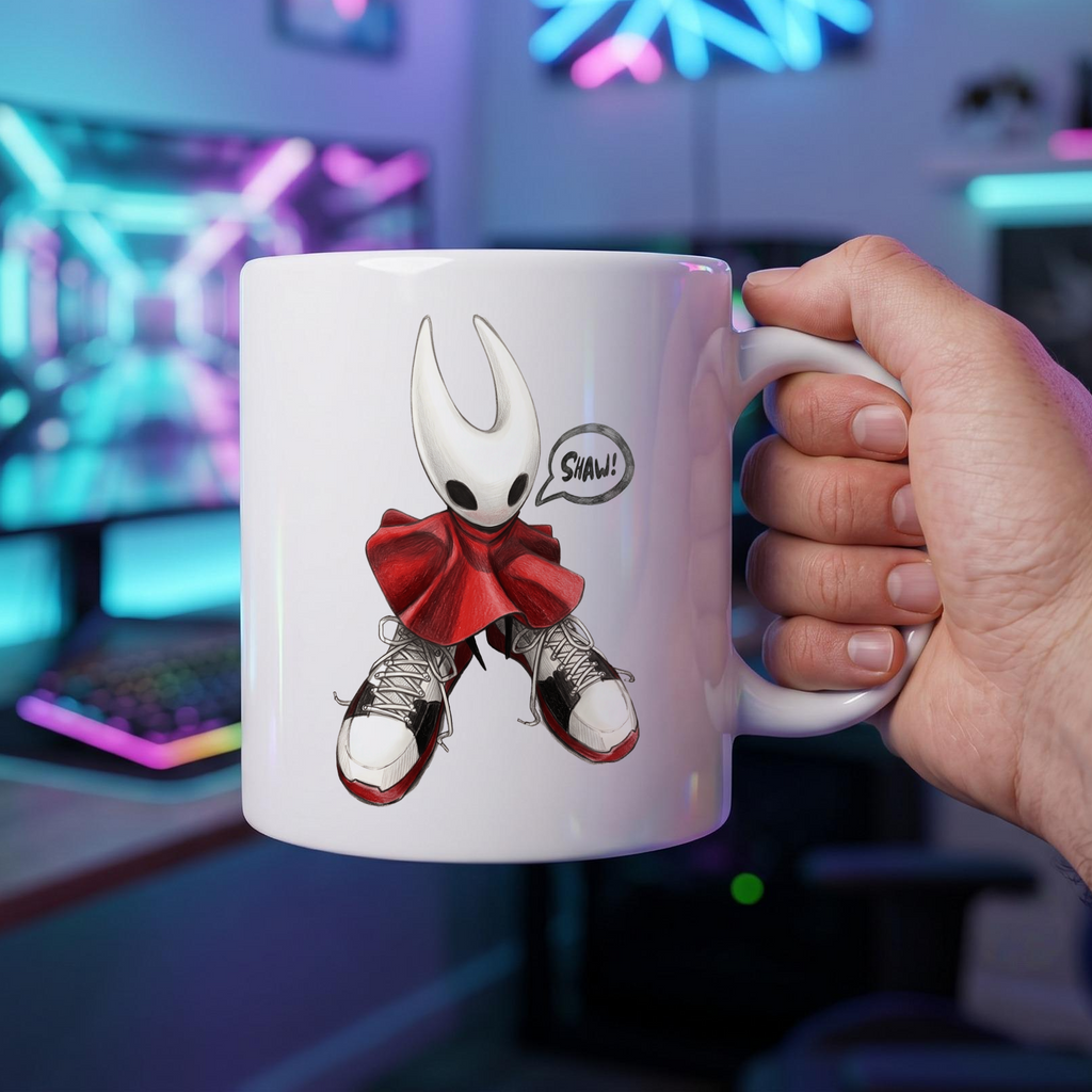 Hand holding the ceramic Hornet shoes meme mug by the wide C-handle to showcase heat resistance and comfortable grip.
