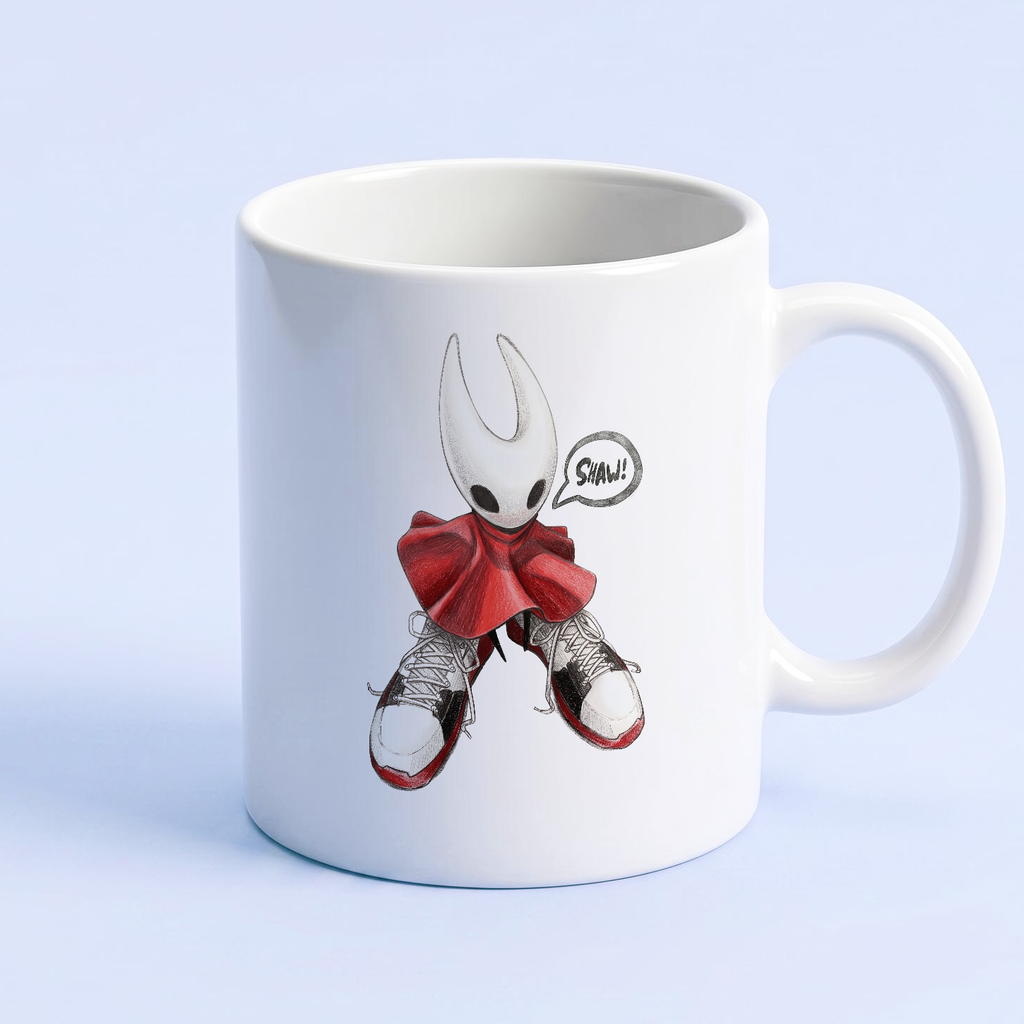 Front view of the ceramic Hornet shoes meme mug featuring Hornet wearing stylish streetwear kicks, premium Hollow Knight Silksong merch.