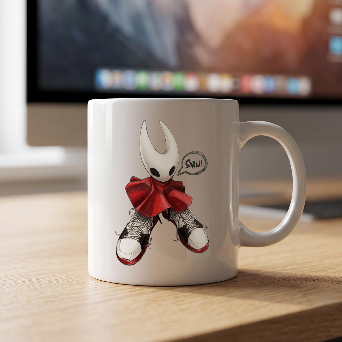 Close-up macro detail of the vibrant graphic print showing Hornet and her sneakers on the glossy white ceramic mug.