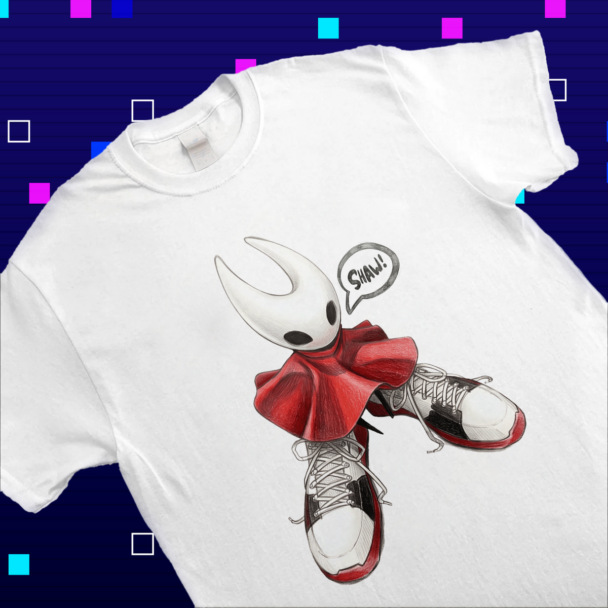Detailed macro view of the sneaker and needle illustration on the chest of the Hornet shoes meme shirt.