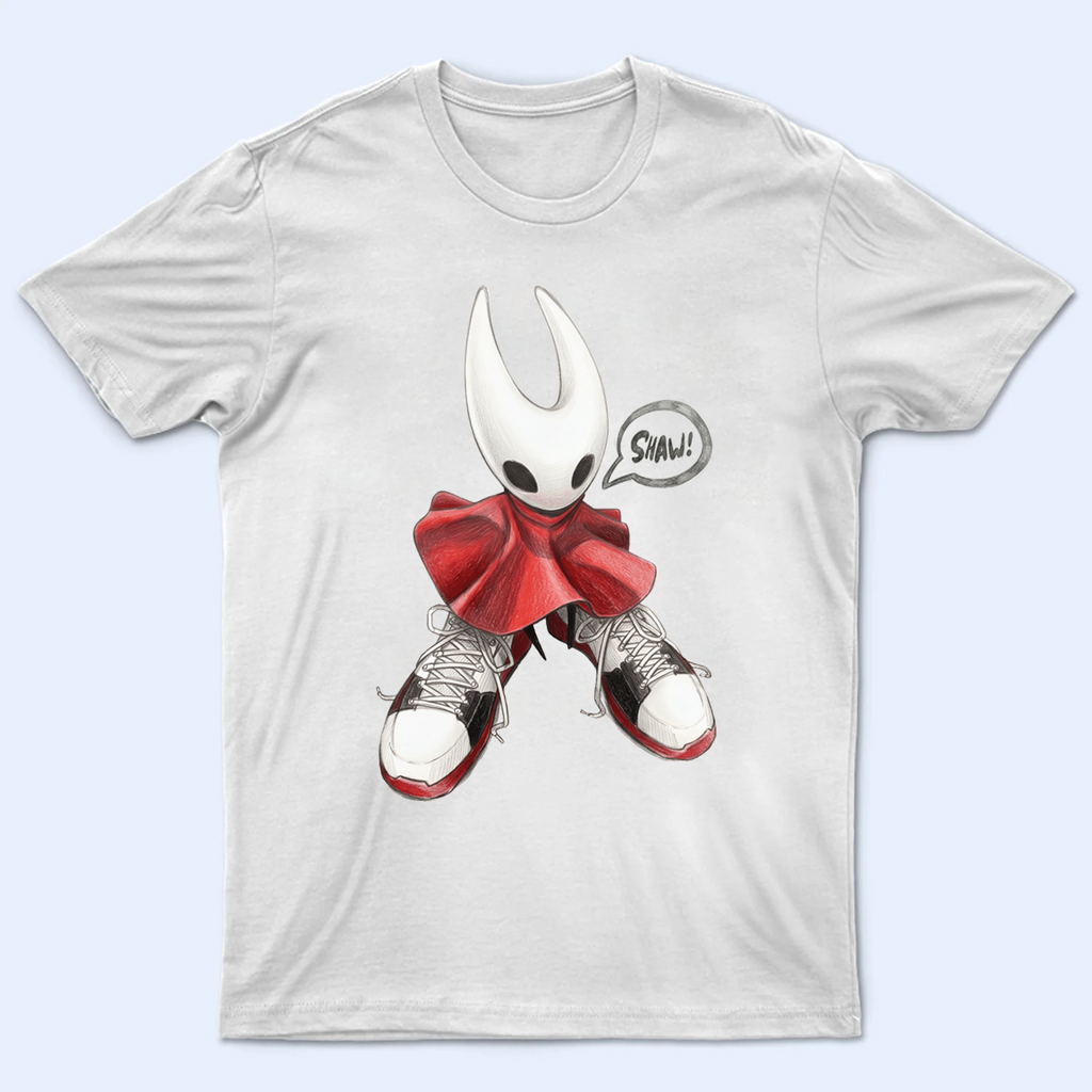 Front flat-lay view of the black Hornet shoes meme shirt showing Hornet wearing streetwear sneakers, premium Hollow Knight Silksong merch.