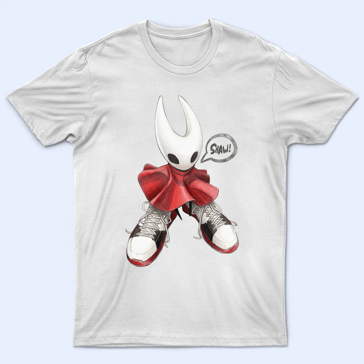 Front flat-lay view of the black Hornet shoes meme shirt showing Hornet wearing streetwear sneakers, premium Hollow Knight Silksong merch.