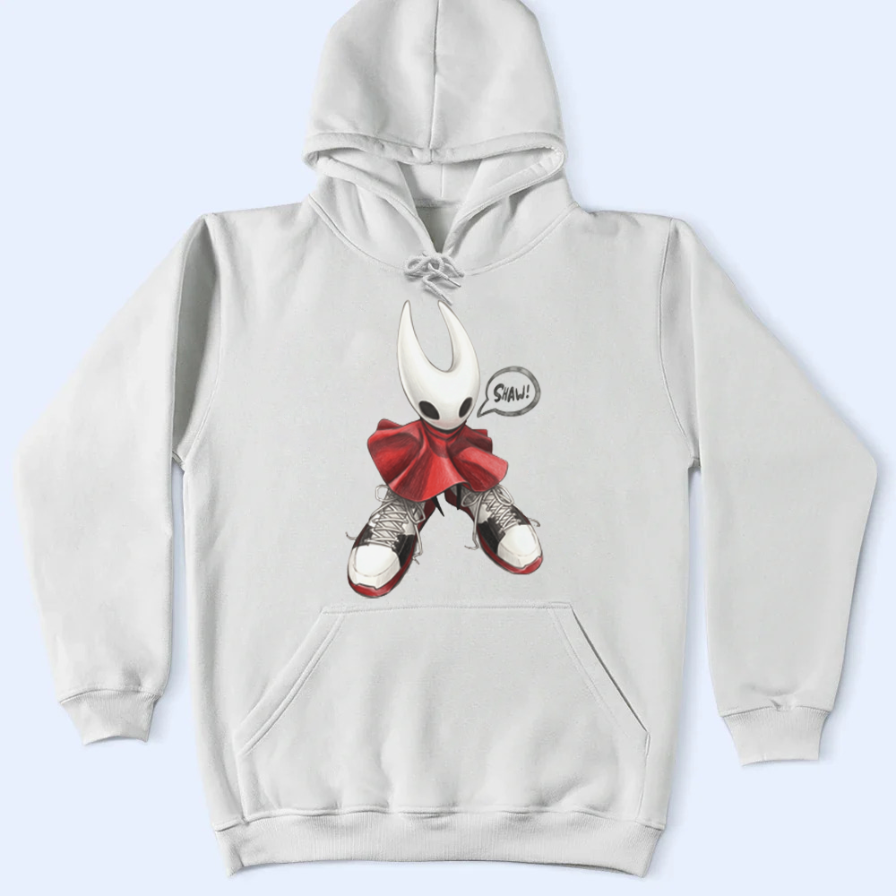 Front flat-lay view of the black Hornet shoes meme hoodie showing Hornet wearing streetwear sneakers