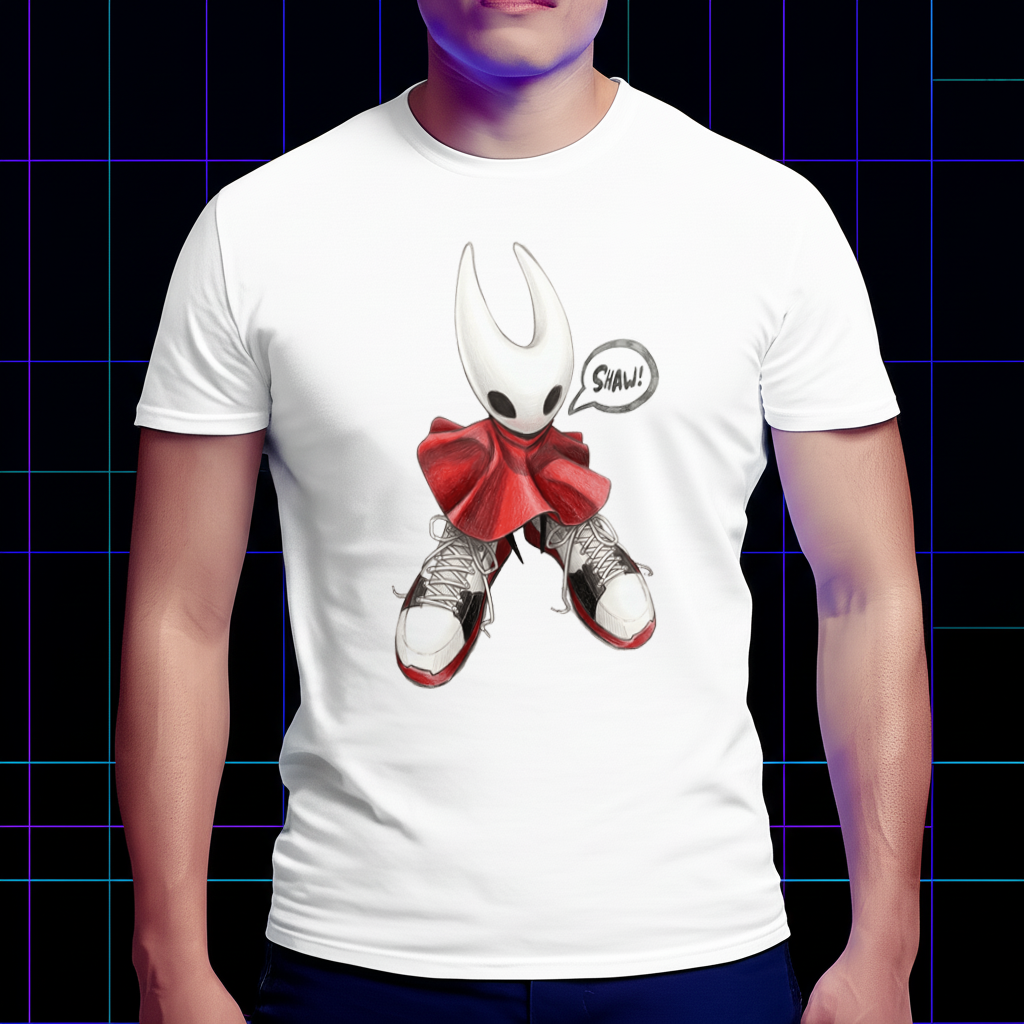 Model wearing the Hornet shoes meme shirt paired with sneakers in an urban setting, Hollow Knight Silksong merch aesthetic.