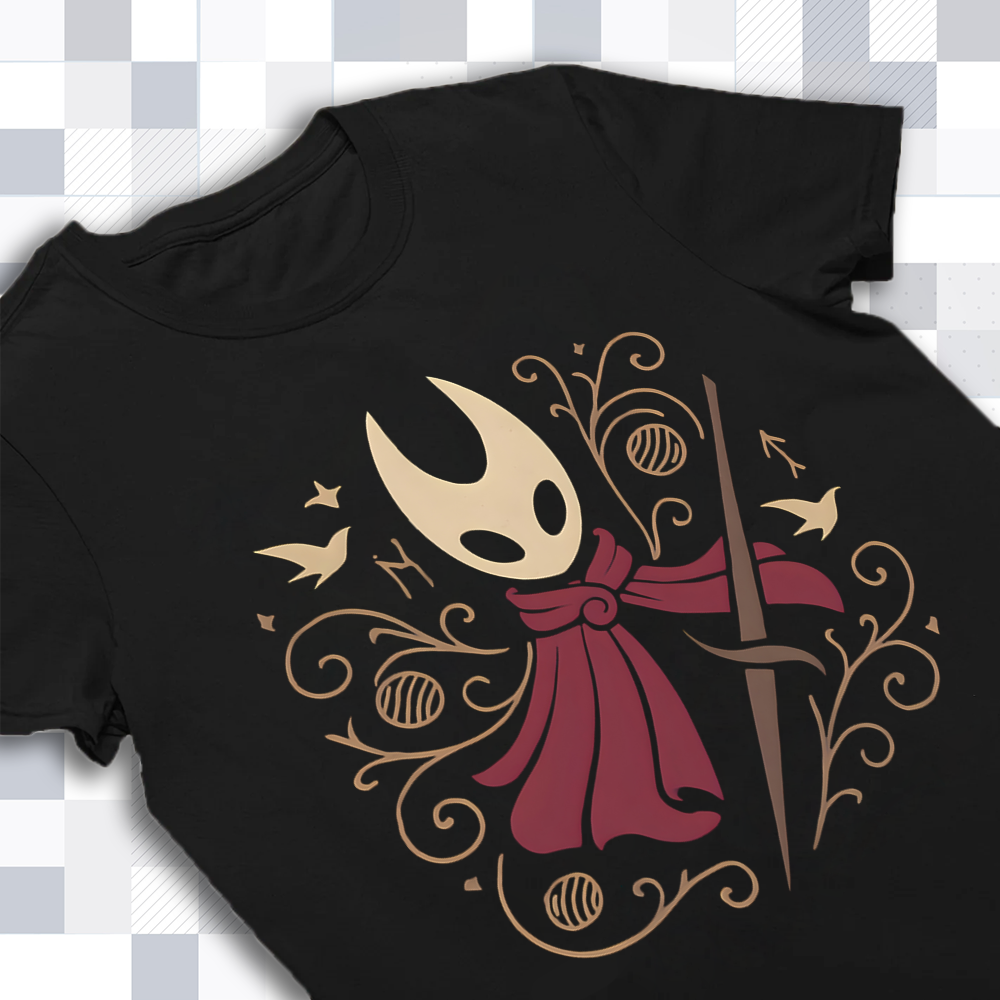 Detailed close-up of the screen-printed Hornet graphic, highlighting the sharp lines and Silksong merch aesthetic.