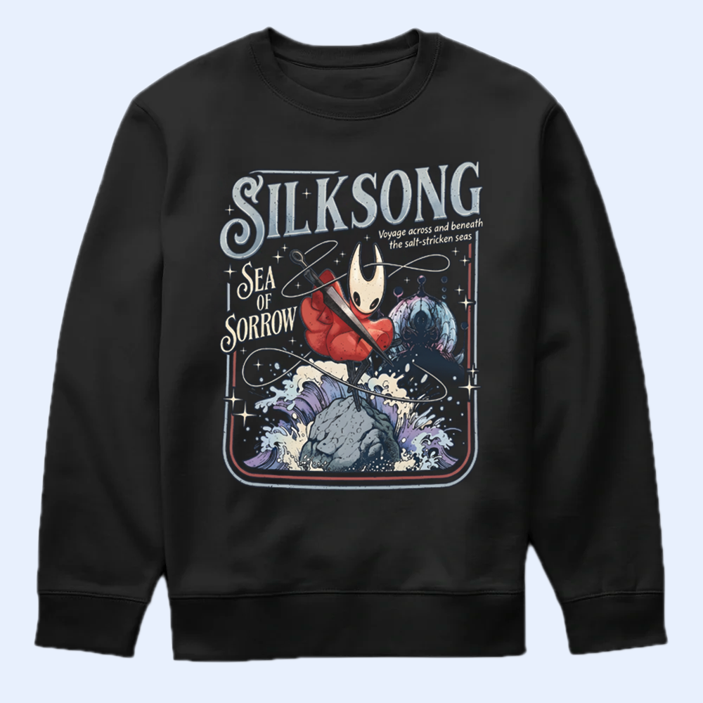 Black sweatshirt with 'SilkSong' graphic design on a light blue background