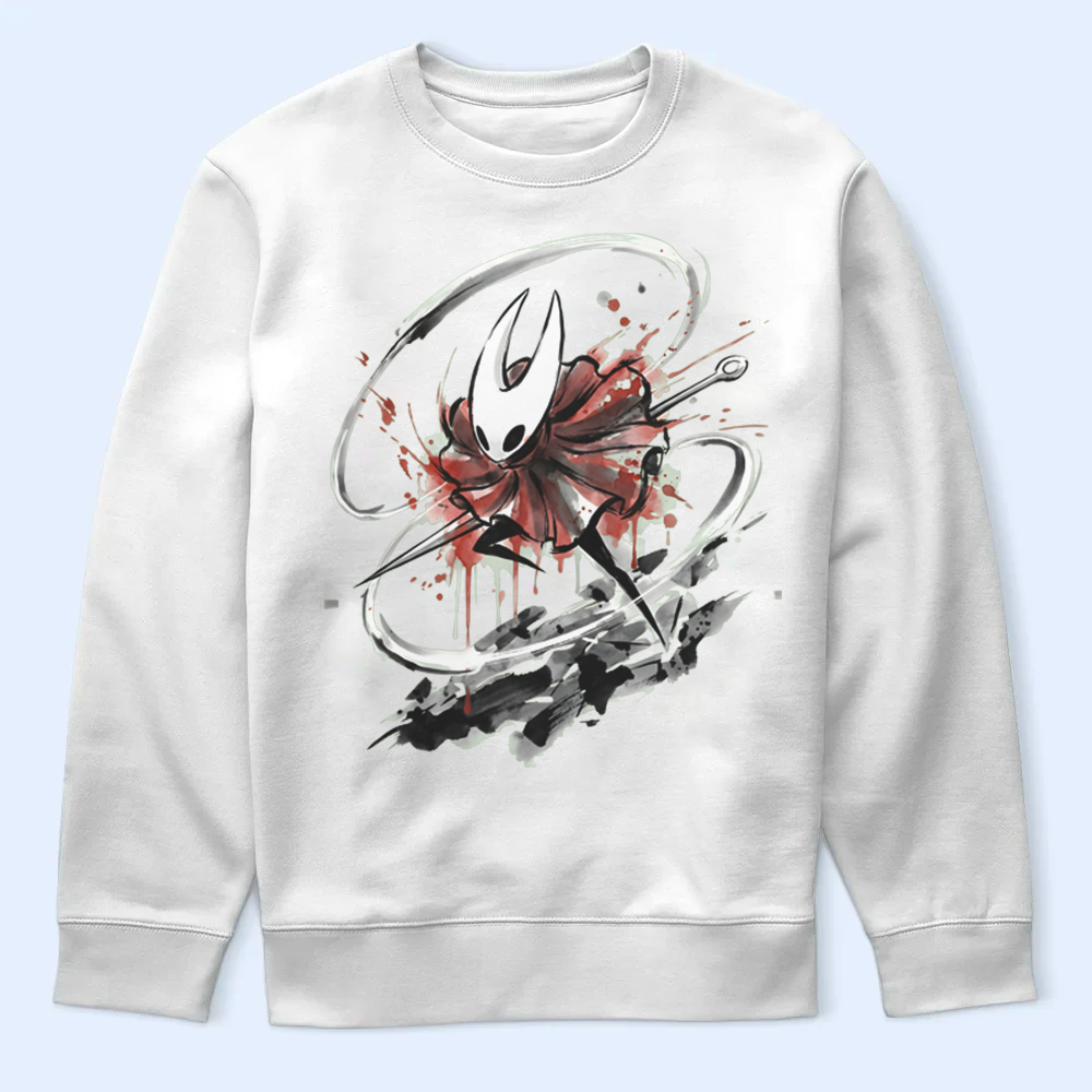 Front view of a Hornet sweatshirt featuring a dynamic Silk and Song action pose, premium Silksong merch.
