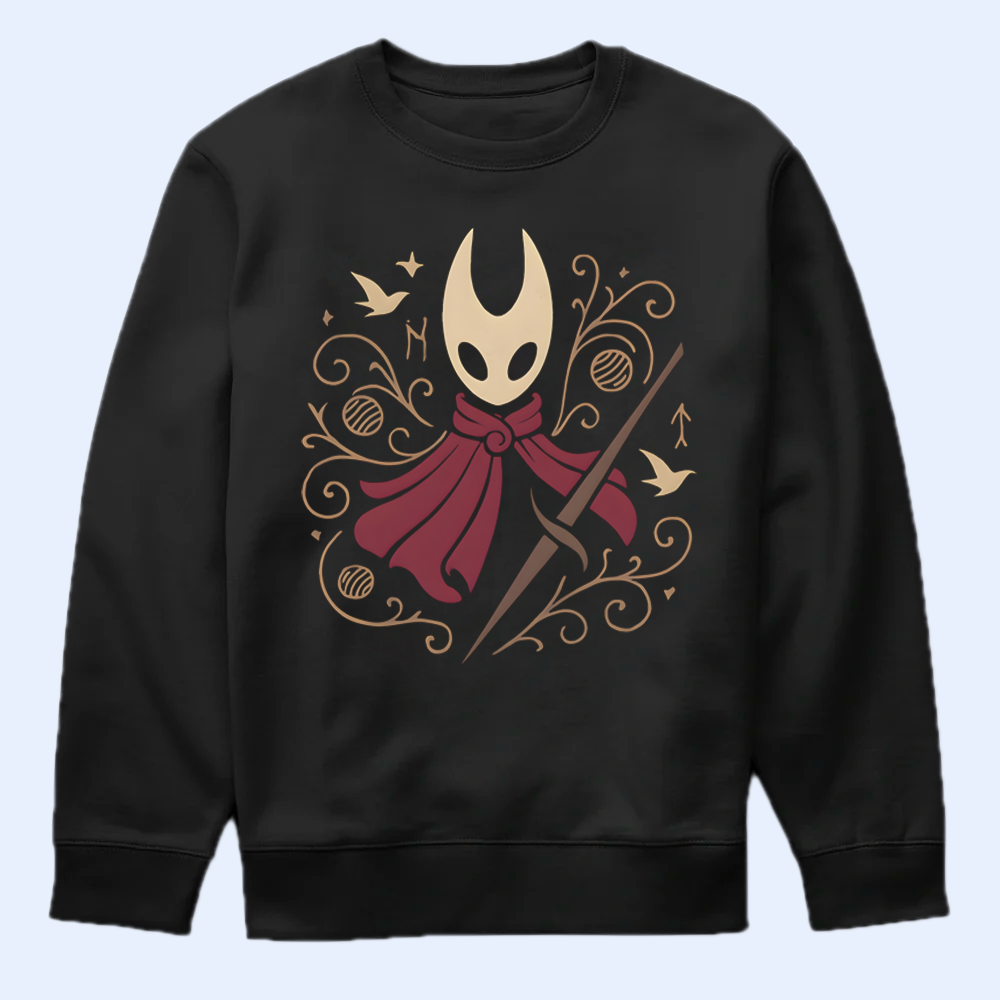 Front view of a premium Hornet sweatshirt featuring a needle-wielding combat graphic, Silksong merch.