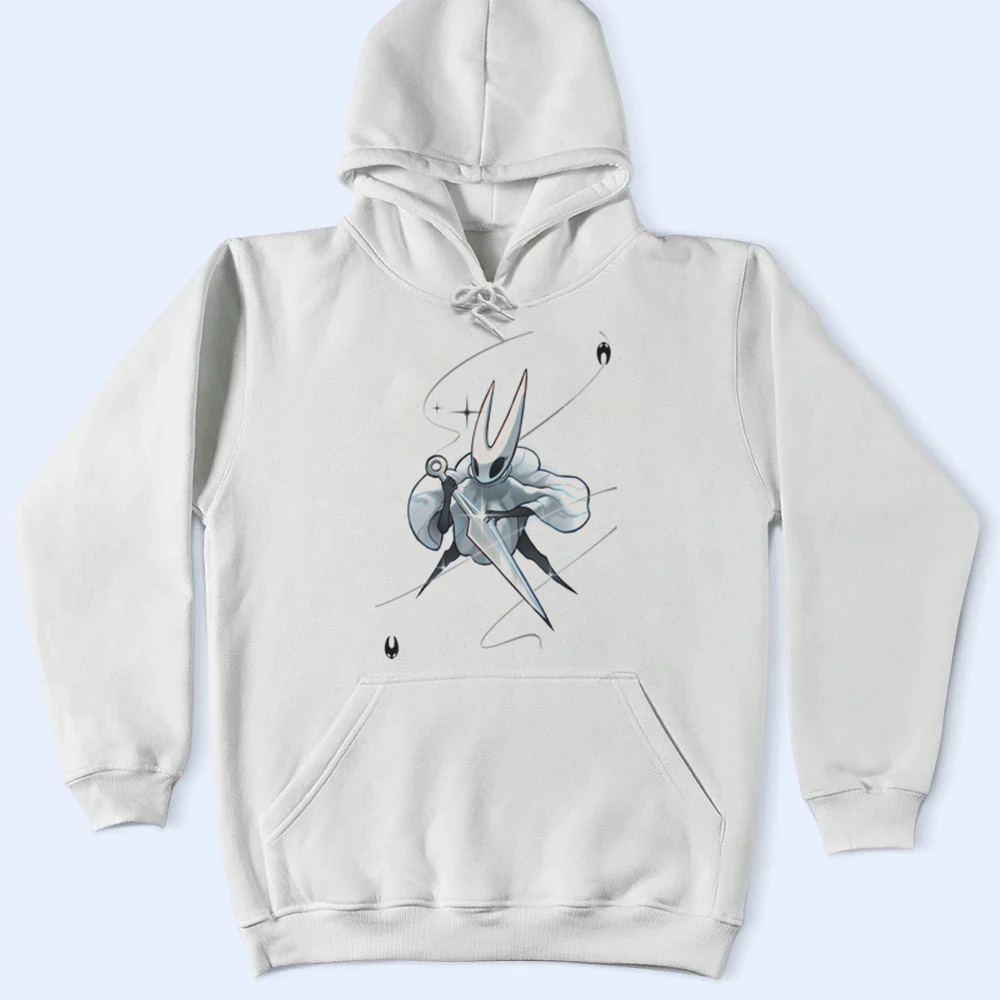 White hoodie with a graphic design of Silksong Hornet on a light blue background