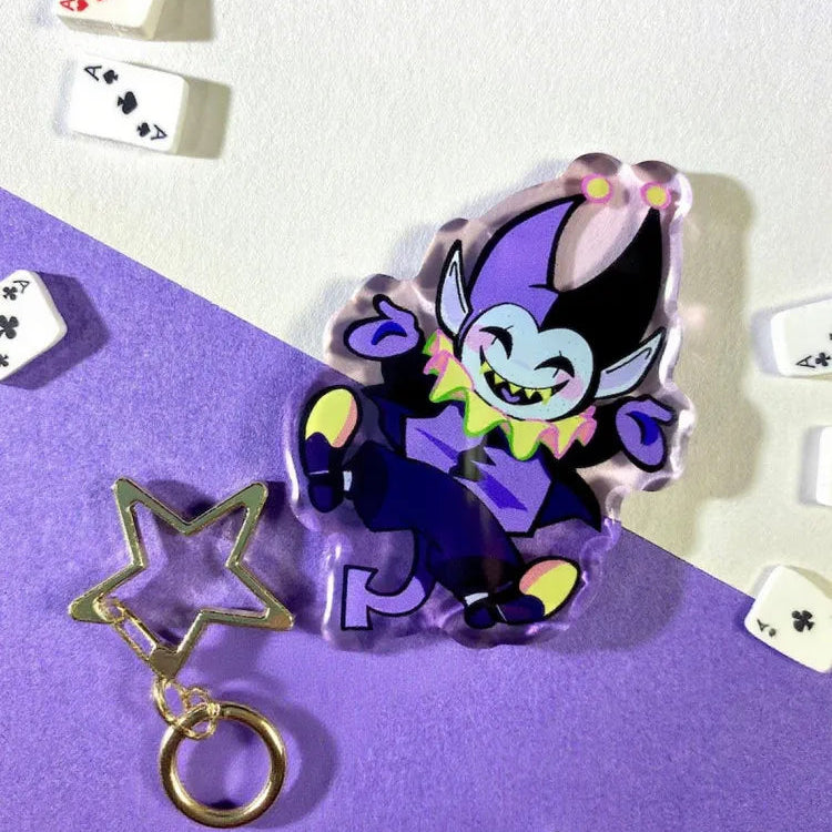 Close-up of the Jevil Keychain graphic print, highlighting the vibrant colors and character features.
