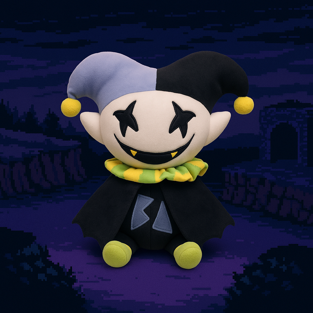 Side profile of the Jevil plush, a soft DELTARUNE plush character toy, showcasing its unique design