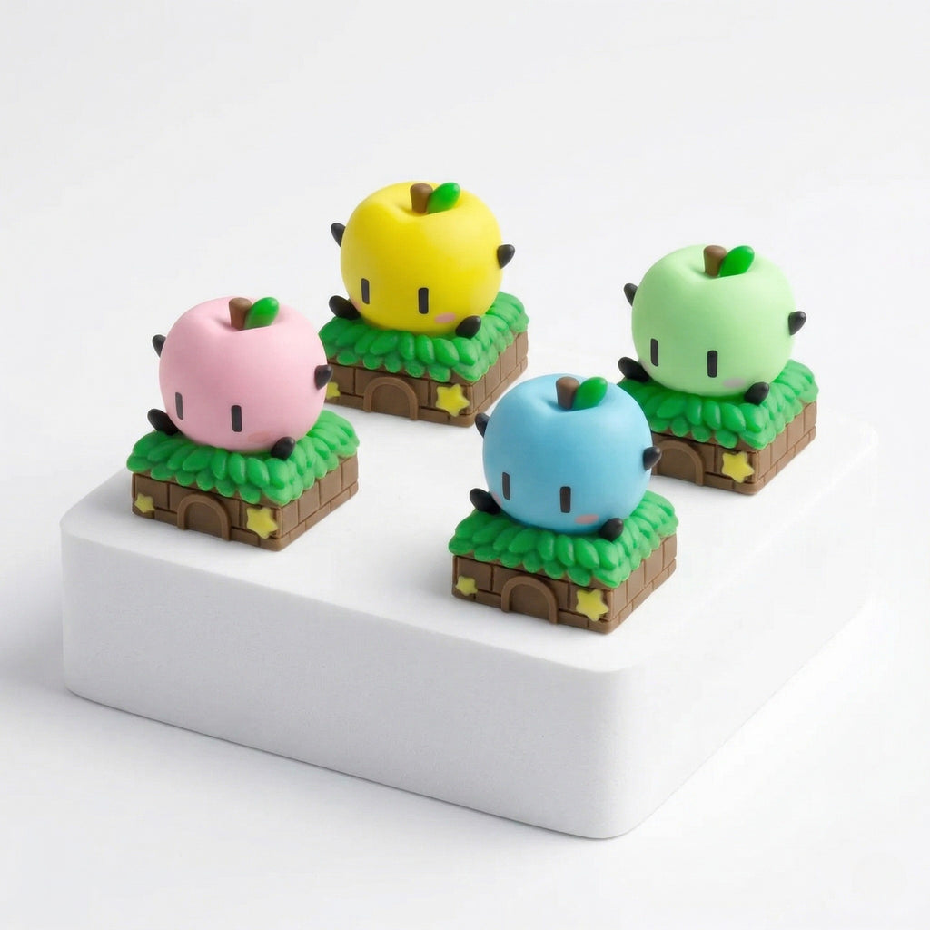A high-quality artisan Junimo Stardew Valley Keycap on a mechanical keyboard with RGB lighting.