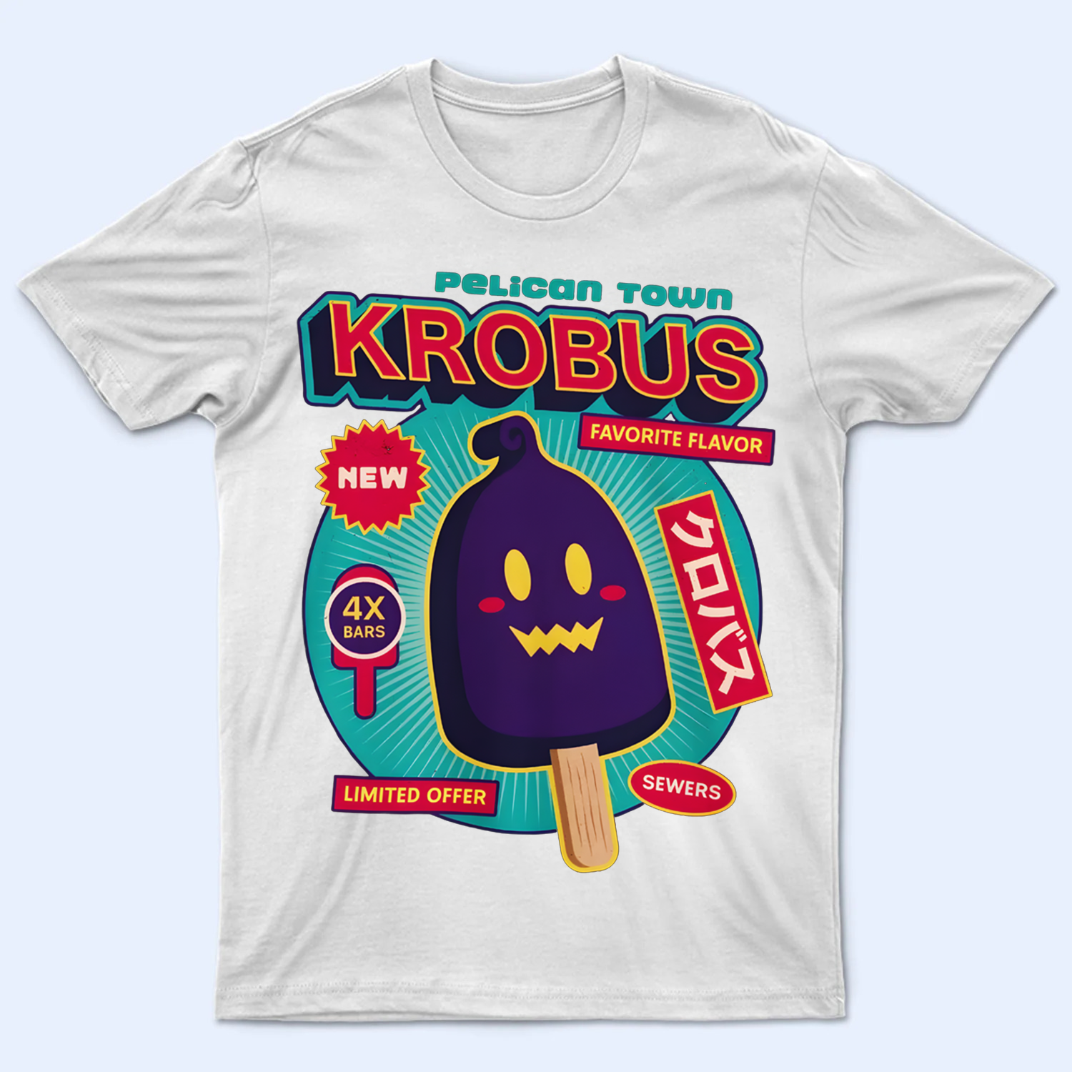 Mockup of a 'Krobus Ice Cream, Favorite Flavor' Stardew Valley t-shirt, featuring Krobus in an ice cream shape with a 'Limited Offer' icon.
