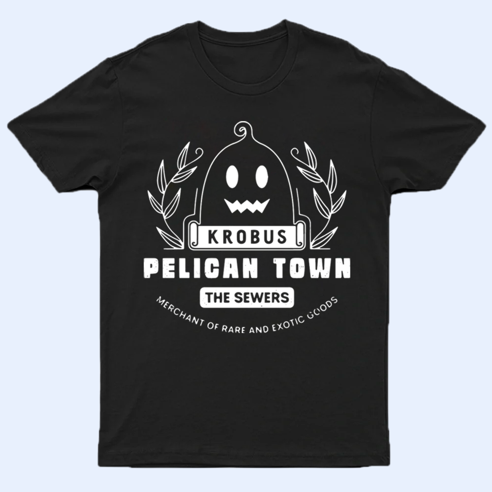 Mockup of a 'Krobus Pelican Town, The Sewers' t-shirt, featuring text and possibly a graphic of Krobus