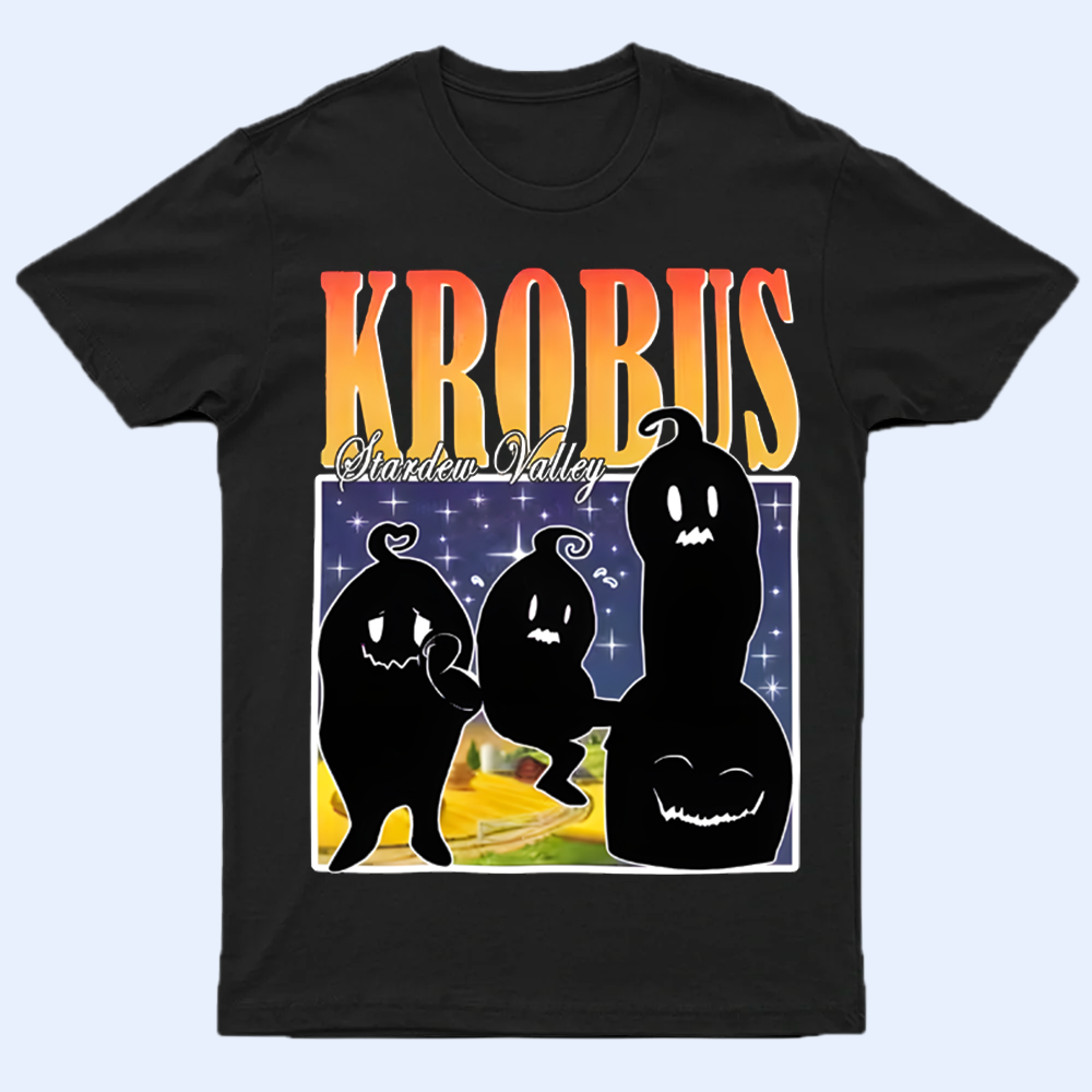 Mockup of a 'Krobus Stardew Valley' bootleg style t-shirt, featuring unique fan art of the shadow person
