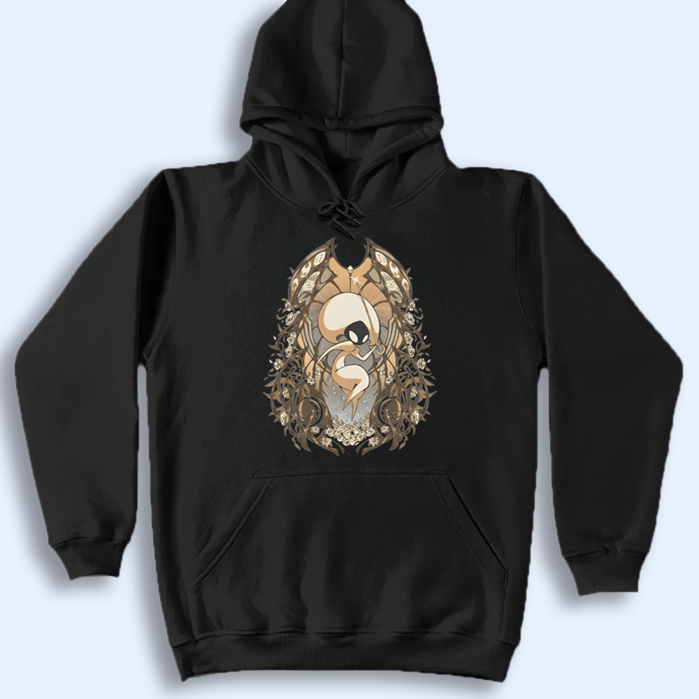 Front view of a hoodie  with a Lace fencer design and 'Intrepid Pursuer' text, Silksong merch.