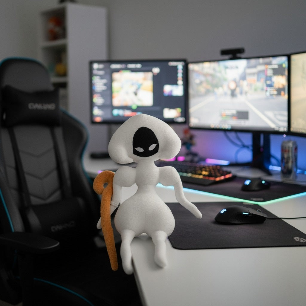 The Lace Plush Toy sitting on a display shelf next to a video game controller, showcasing its role as Silksong Merch.