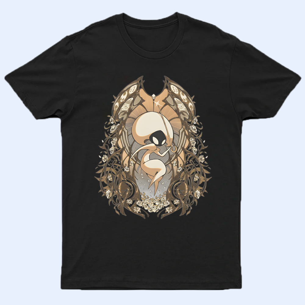 Front view of a t-shirt with a Lace fencer design and 'Intrepid Pursuer' text, Silksong merch.