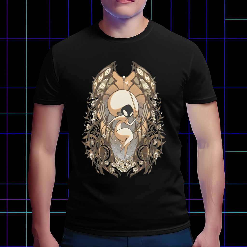 A fan wearing the Lace shirt while gaming, showcasing the stylish Silksong merch aesthetic.