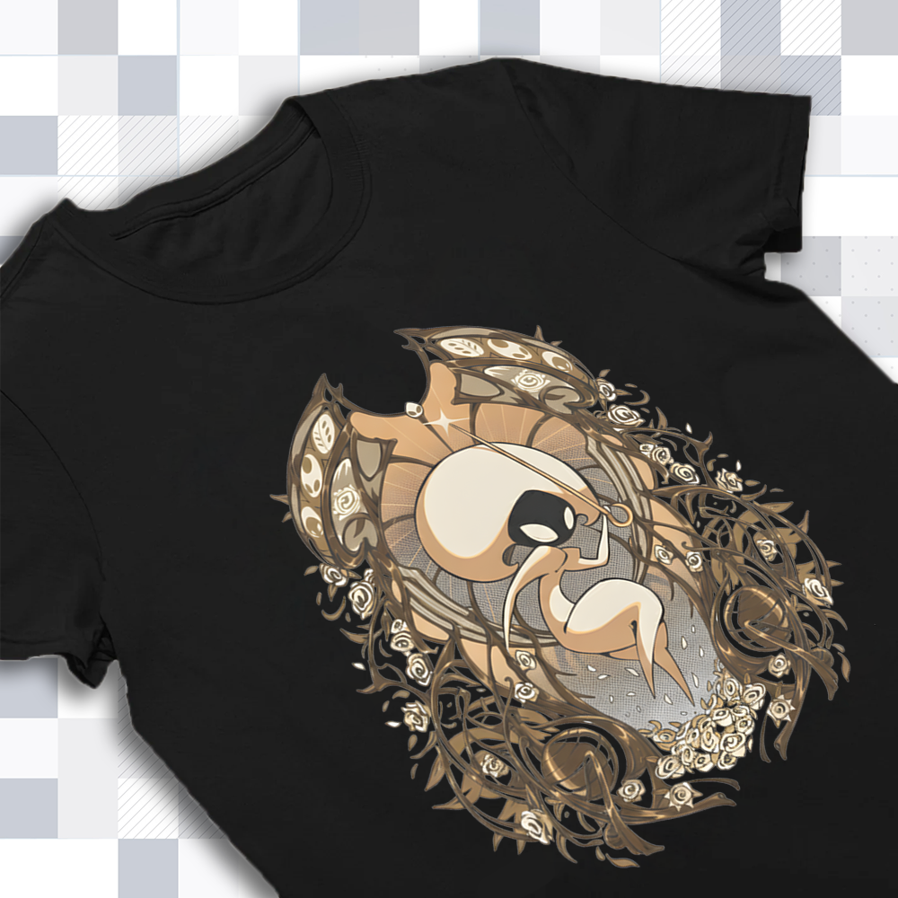 Detailed close-up of the Lace 'Intrepid Pursuer' rapier graphic, highlighting the high-quality Silksong merch print.