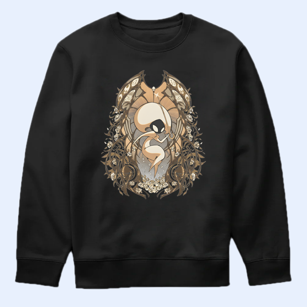 Front view of a sweatshirt with a Lace fencer design and 'Intrepid Pursuer' text, Silksong merch.
