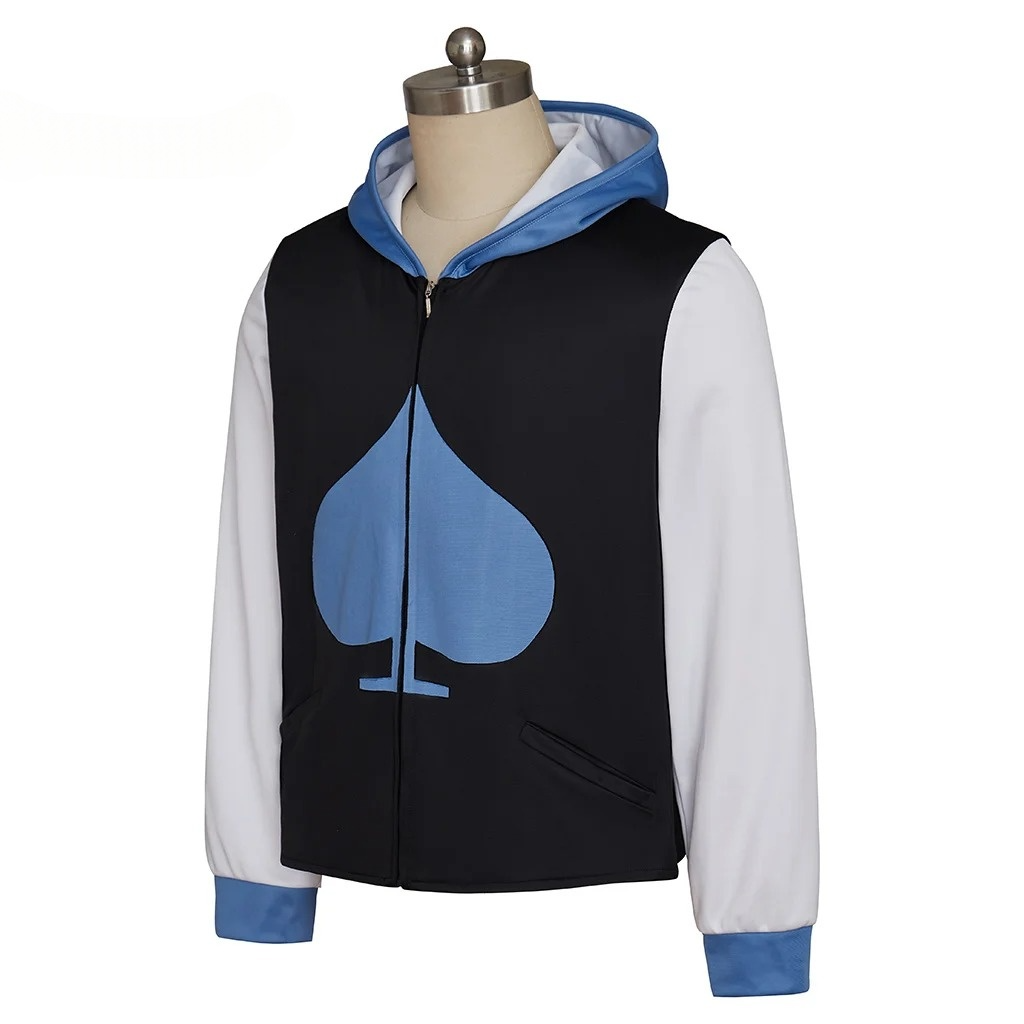 Close-up of the Lancer Cosplay hoodie jacket, highlighting the spade motif and color block design