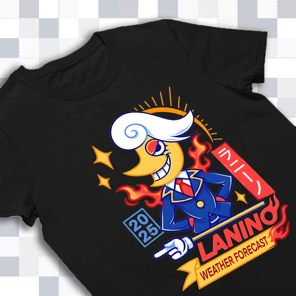 Close-up of the 'Lanino Weatherforecast' text print and image on the DELTARUNE merch t-shirt, highlighting vibrant details