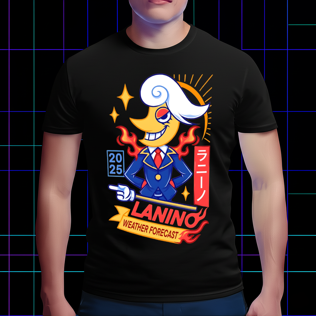 DELTARUNE 'Lanino Weatherforecast' T-shirt worn by a model, demonstrating its comfortable fit, essential DELTARUNE merch