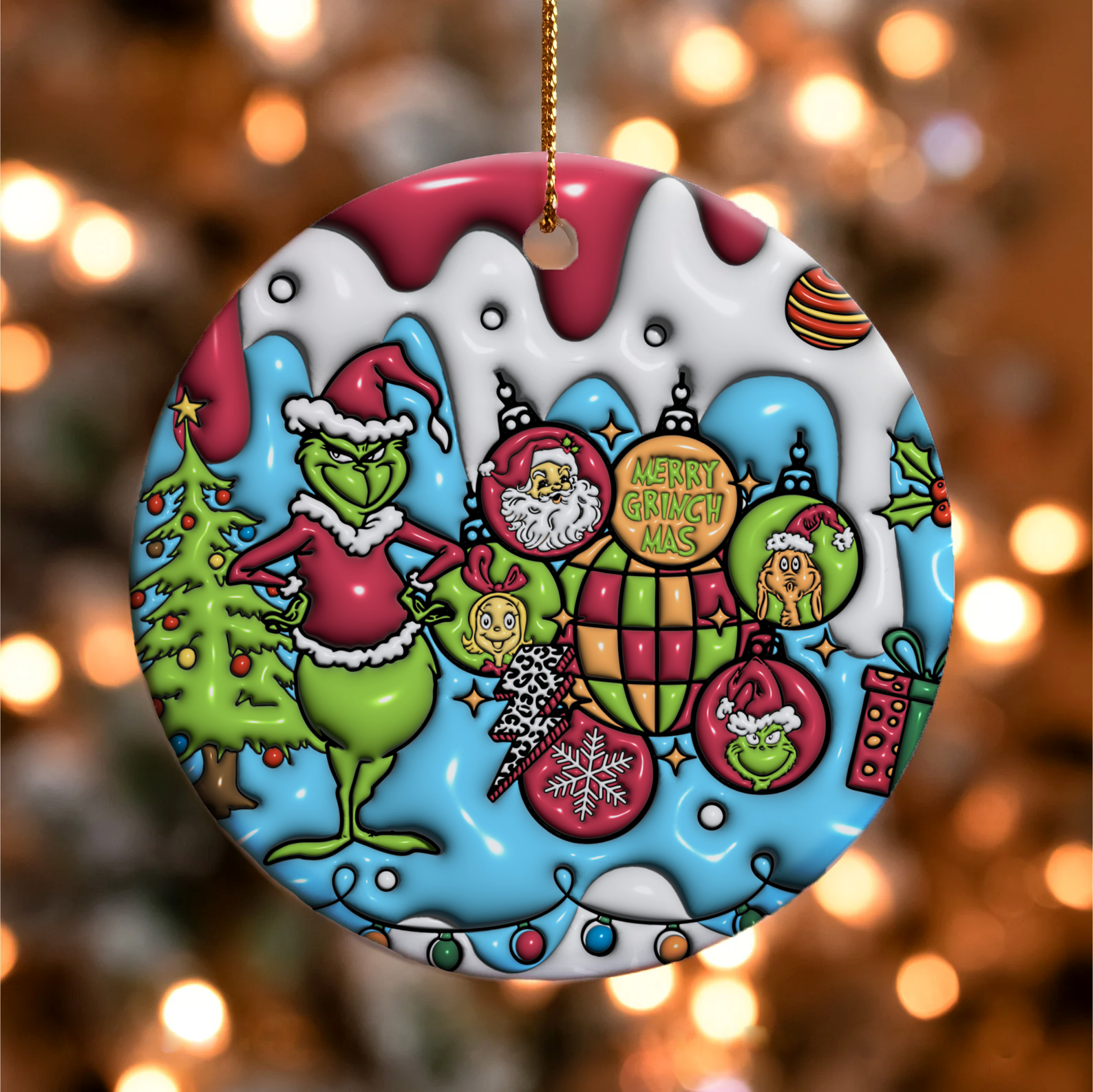 3D Inflated Christmas Grinchy Ornament V10, 3D Christmas Round Ornament Sublimation, Merry Christmas 2024 Grinchy Ornament