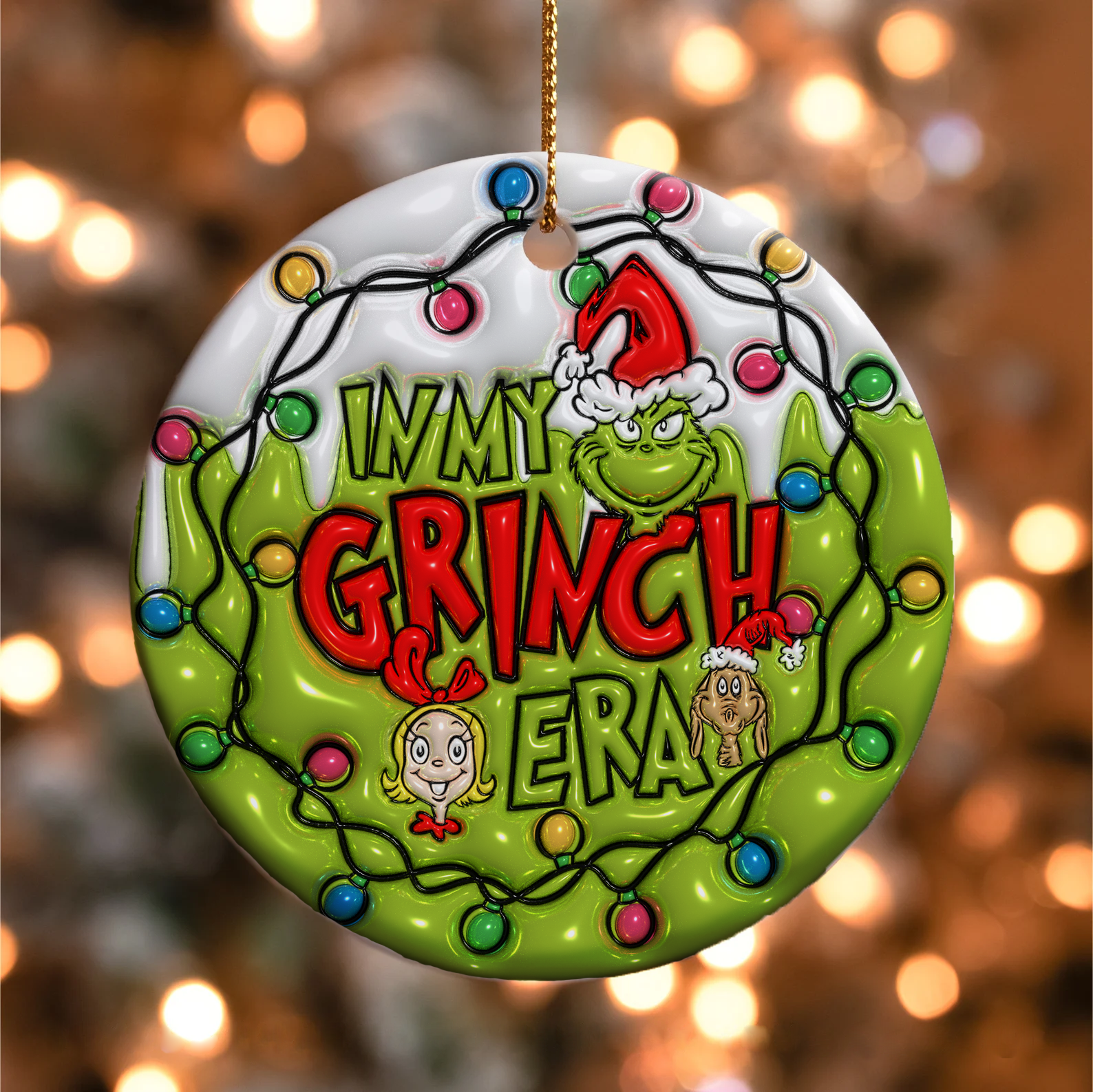 3D Inflated Christmas Grinchy Ornament V2, 3D Christmas Round Ornament Sublimation, Merry Christmas 2024 Grinchy Ornament