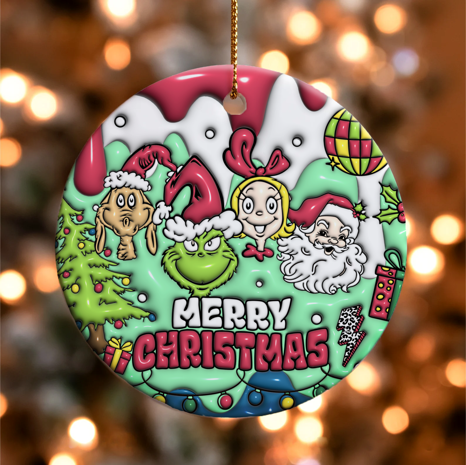 3D Inflated Christmas Grinchy Ornament V9, 3D Christmas Round Ornament Sublimation, Merry Christmas 2024 Grinchy Ornament