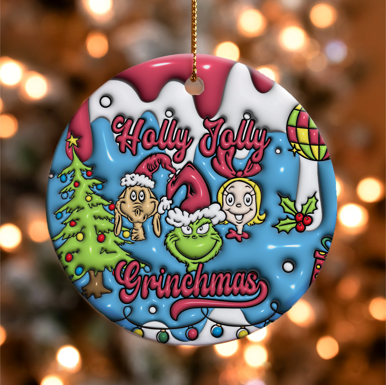 3D Inflated Christmas Grinchy Ornament V8, 3D Christmas Round Ornament Sublimation, Merry Christmas 2024 Grinchy Ornament