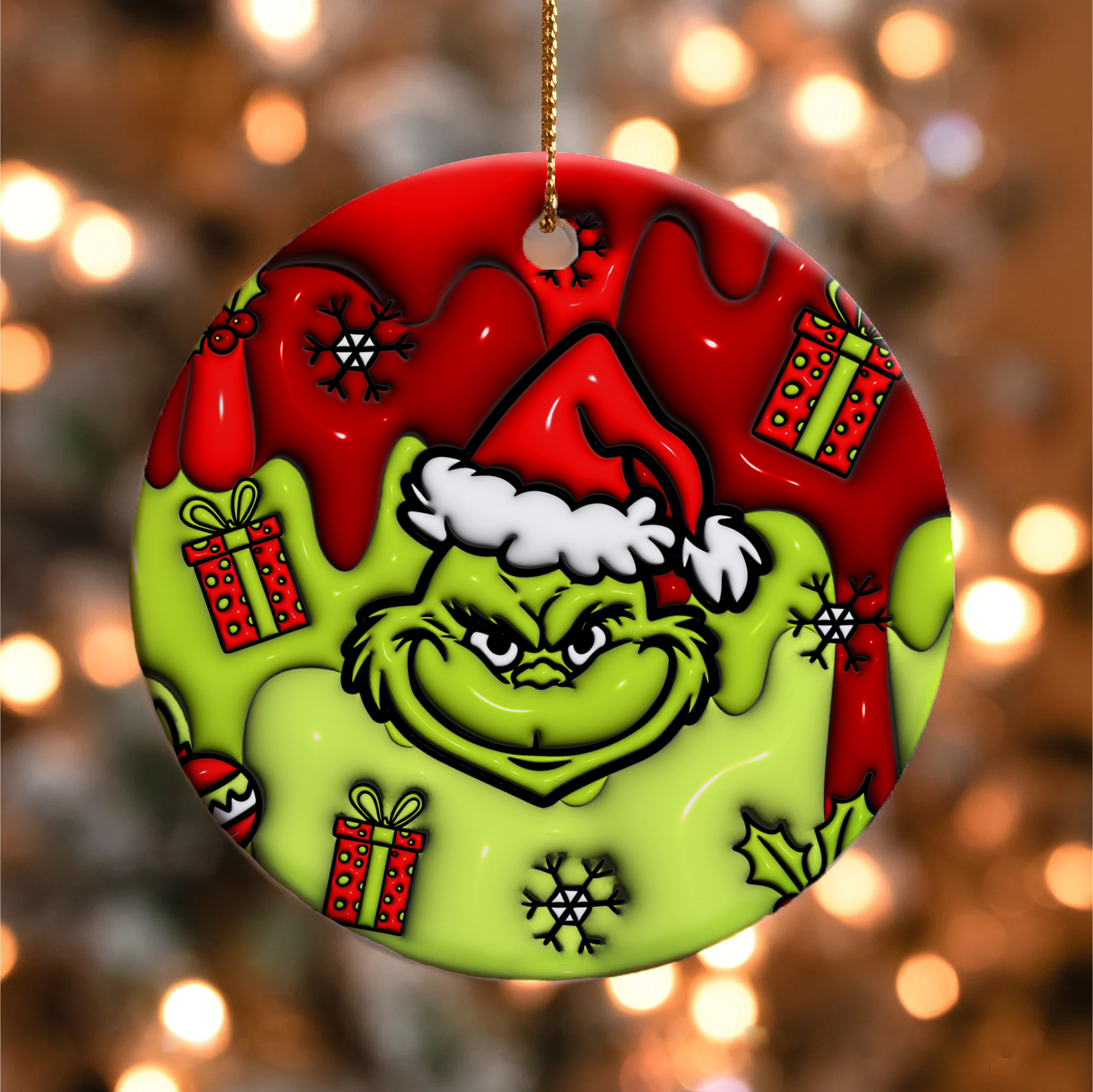 3D Inflated Christmas Grinchy Ornament V3, 3D Christmas Round Ornament Sublimation, Merry Christmas 2024 Grinchy Ornament