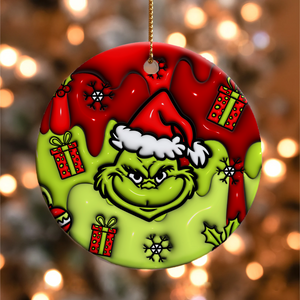 3D Inflated Christmas Grinchy Ornament V3, 3D Christmas Round Ornament Sublimation, Merry Christmas 2024 Grinchy Ornament