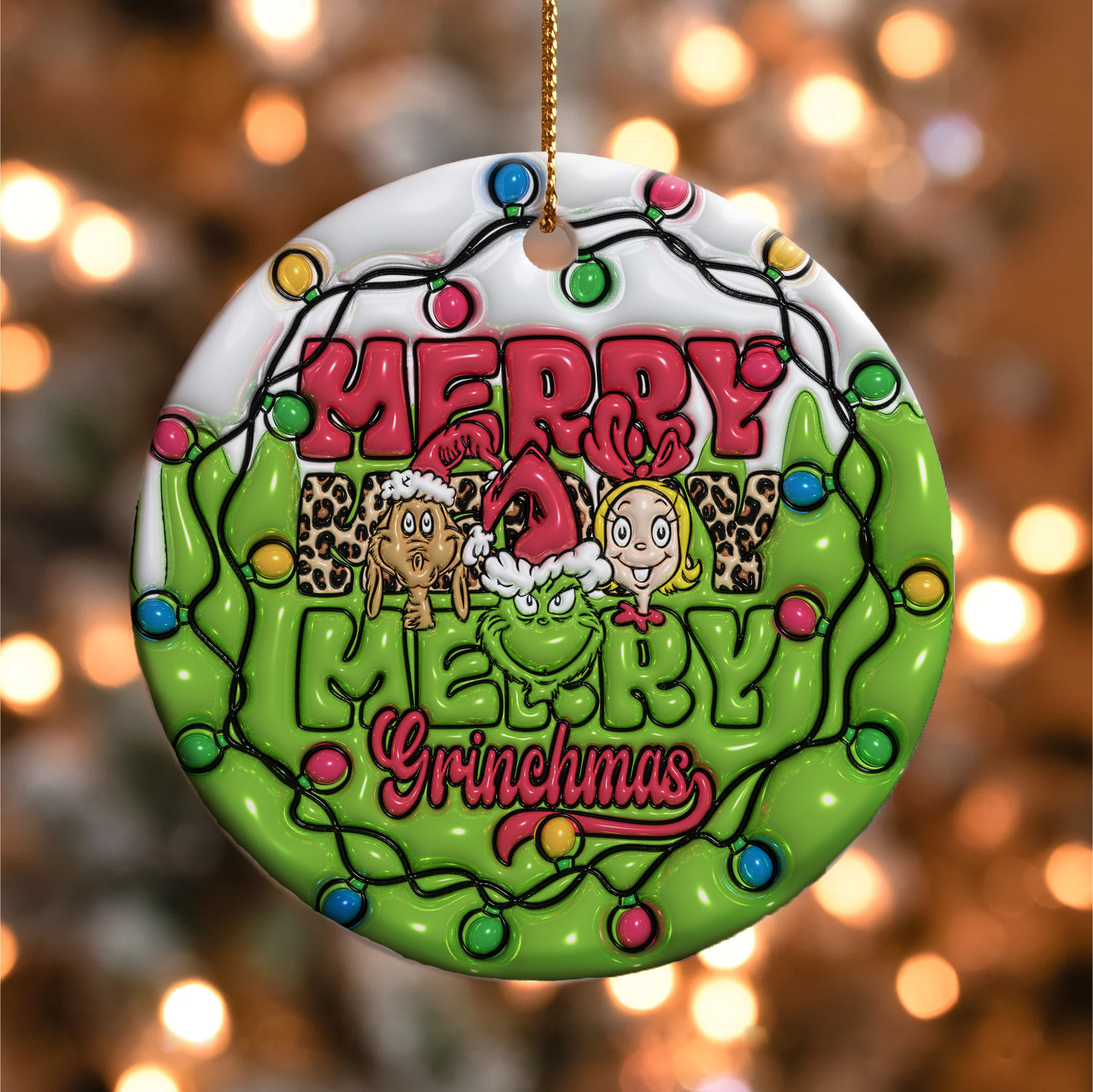 3D Inflated Christmas Grinchy Ornament V4, 3D Christmas Round Ornament Sublimation, Merry Christmas 2024 Grinchy Ornament