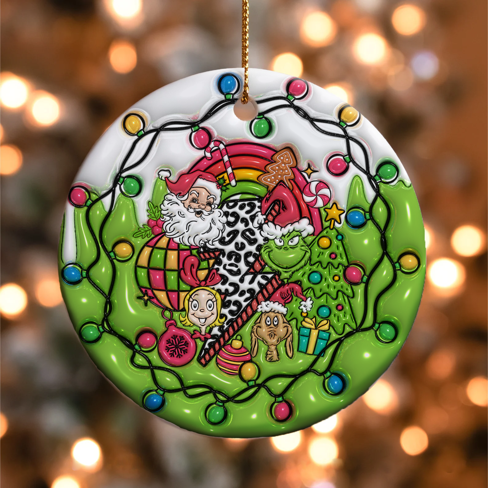 3D Inflated Christmas Grinchy Ornament, 3D Christmas Round Ornament Sublimation, Merry Christmas 2024 Grinchy Ornament